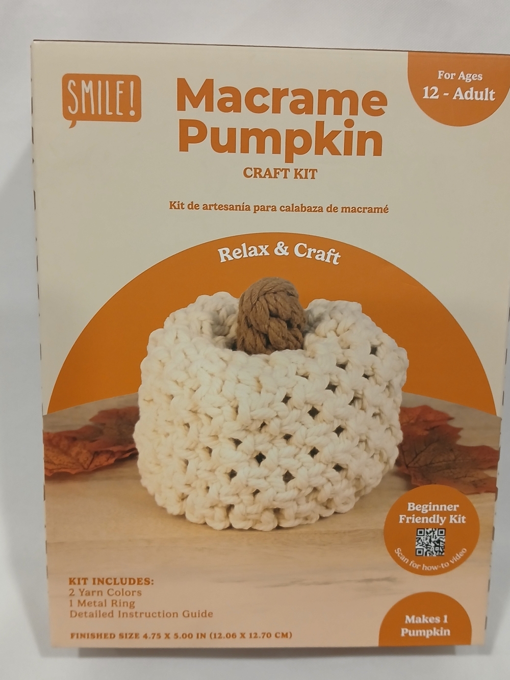 Smile! Relax & Craft Beige Pumpkin Macrame Kit Size 4.75" X 5" Beginner Friendly